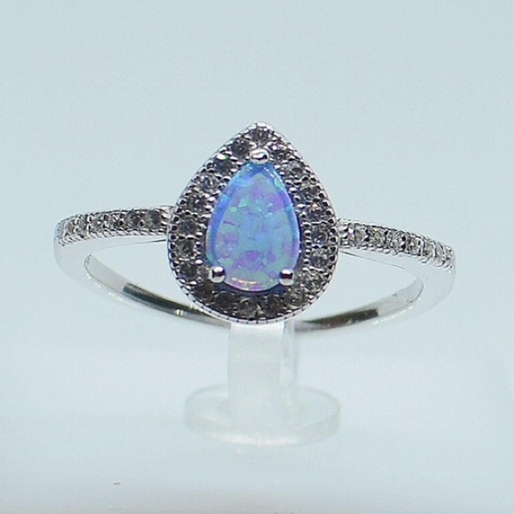 .925 Sterling Silver Blue Opal Pear Shaped CZ Ring
